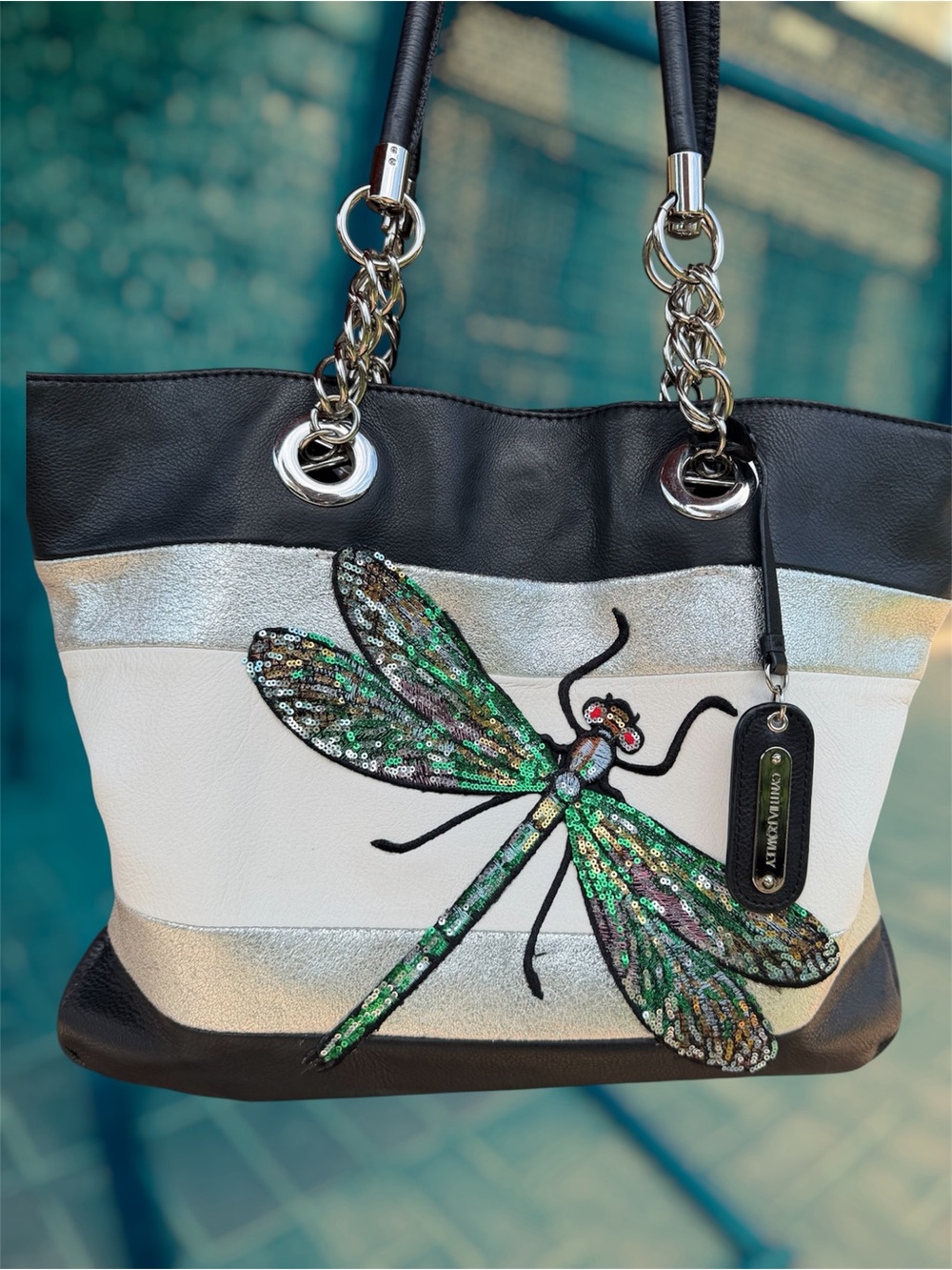 Dragonfly Tote Bag - Black, White & Silver with metal hardware vegan leather